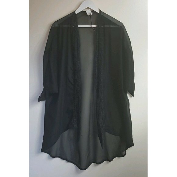 3/$28 NWT black sheer lingerie style kimono cardigan w fringe M - Picture 7 of 8